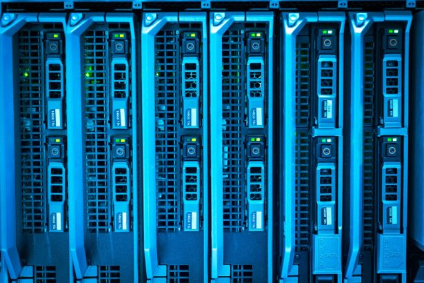Rack de servidores iluminado em azul dentro de um data center moderno.