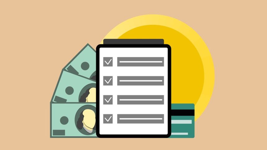 Tablet com marcas de verificação ao lado de cédulas e cartão de crédito, representando a aprovação digital de pagamentos.